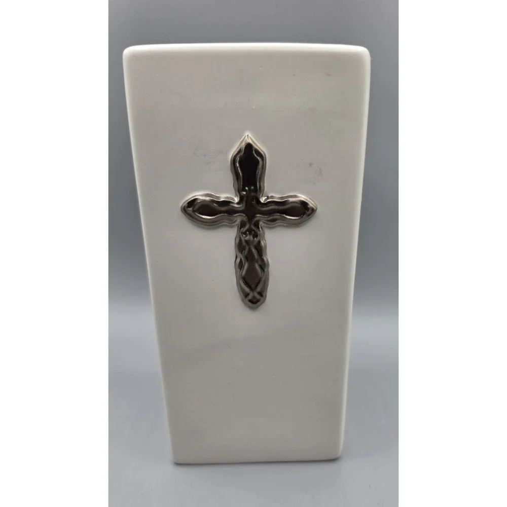 FTD Ceramic Cross Vase White Silver Religious Christian Floral Container 7